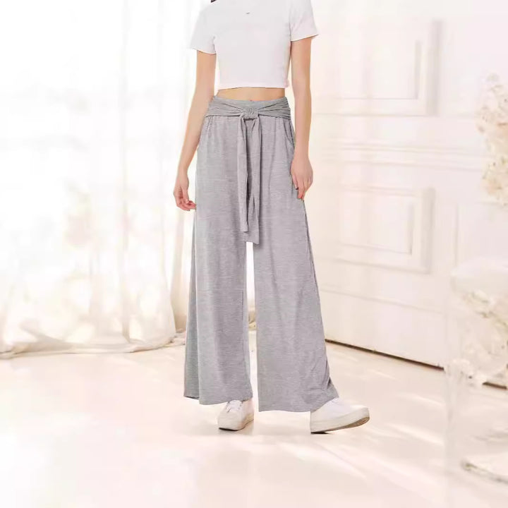 Damen Hochtaillierte Weite Palazzo-Hose mit Selbstbindendem Taillenbund und Seitentaschen Drune