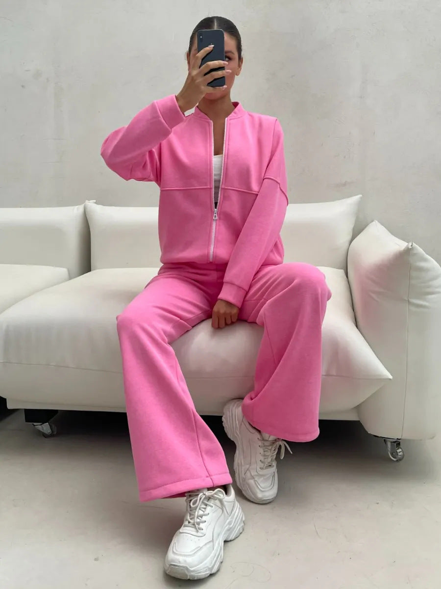 Damen lässiges Zip-Lounge-Set mit Stehkragen und weitem Highwaist-Joggpant Drune