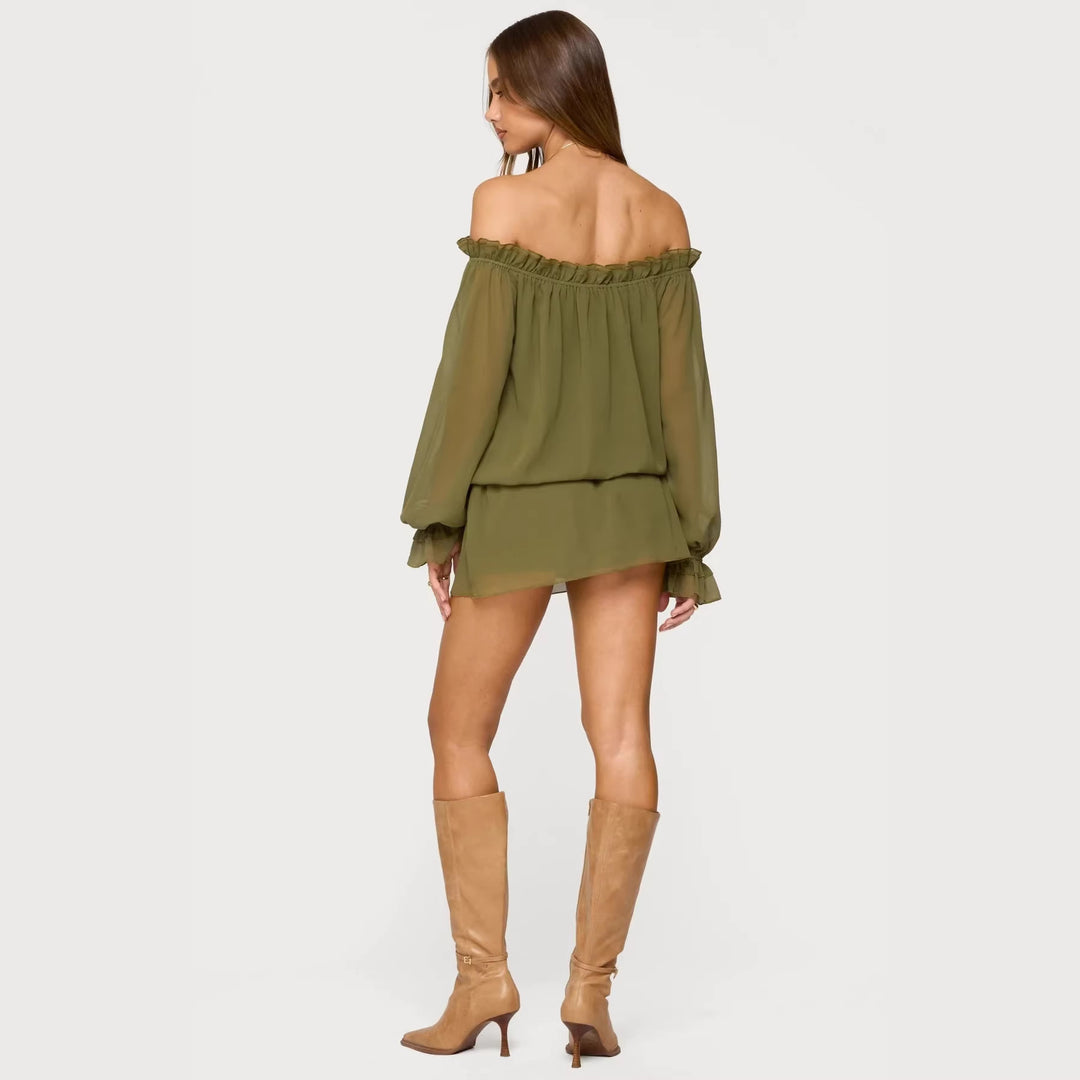Damen Off-Shoulder Kleid mit voluminösen Puffärmeln und Rüschensaum Drune