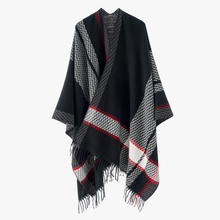 Damen Capeponcho mit Fransen und kariertem Jacquard-Design Drune