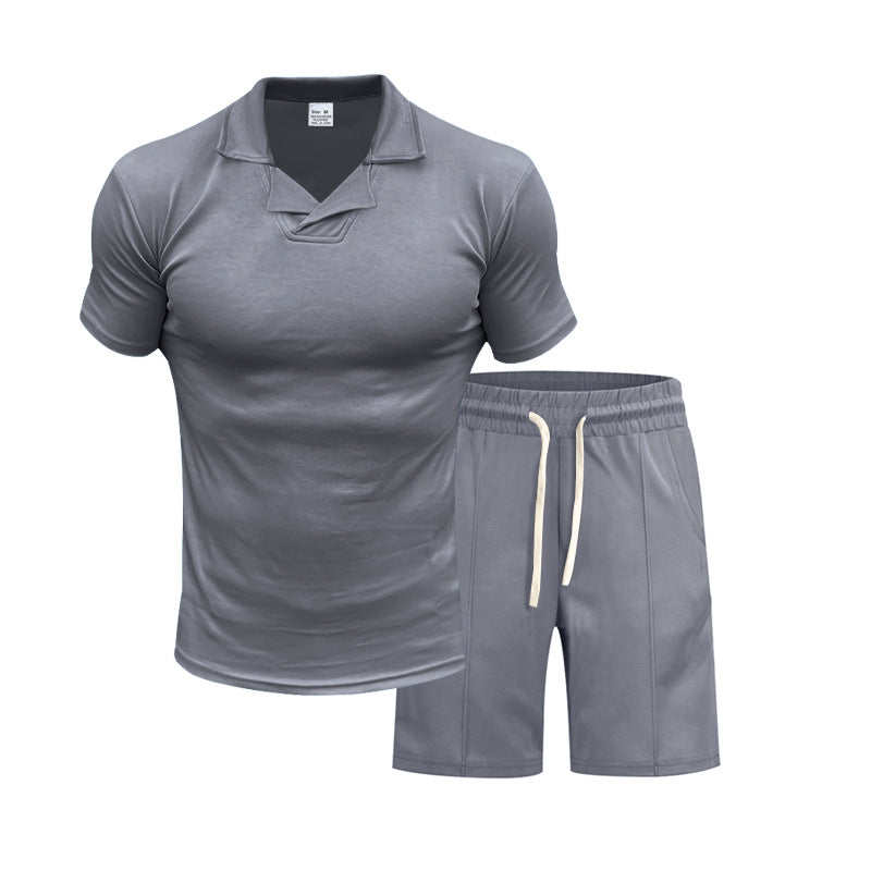 Herren nan kurzärmeliges Polo-Lounge-Set mit V-Einsatz am Kragen und Kordelzug-Bermuda Drune