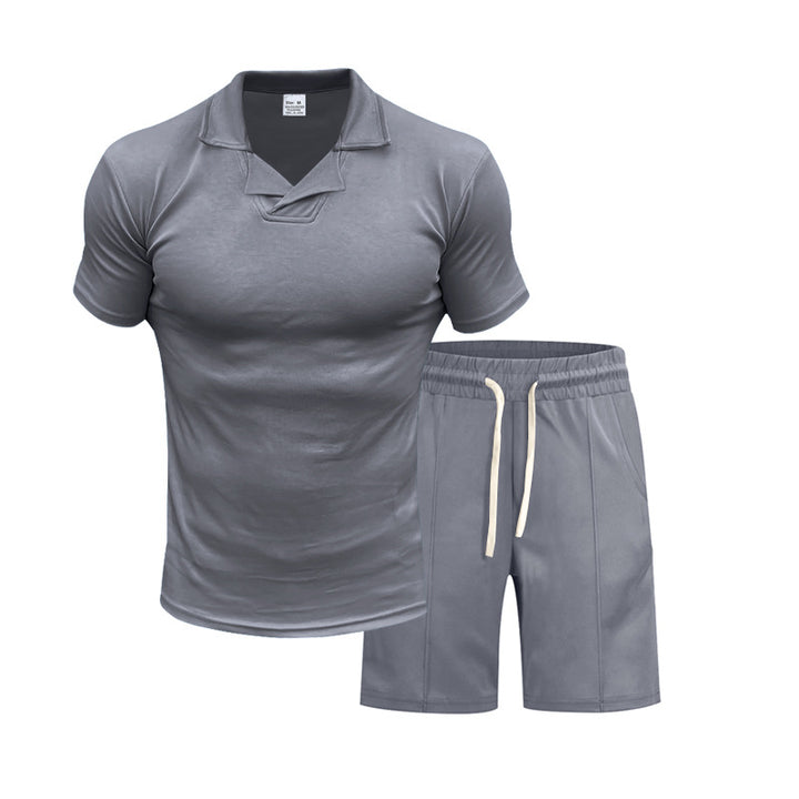 Herren nan kurzärmeliges Polo-Lounge-Set mit V-Einsatz am Kragen und Kordelzug-Bermuda Drune
