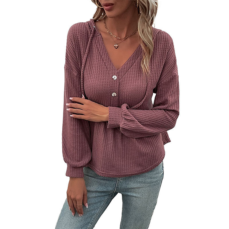 Damen Waffelstrick-Hoodie-Bluse mit V-Ausschnitt, Knopfleiste und geraffter Taillenpasse Drune