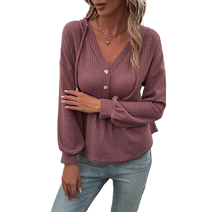 Damen Waffelstrick-Hoodie-Bluse mit V-Ausschnitt, Knopfleiste und geraffter Taillenpasse Drune