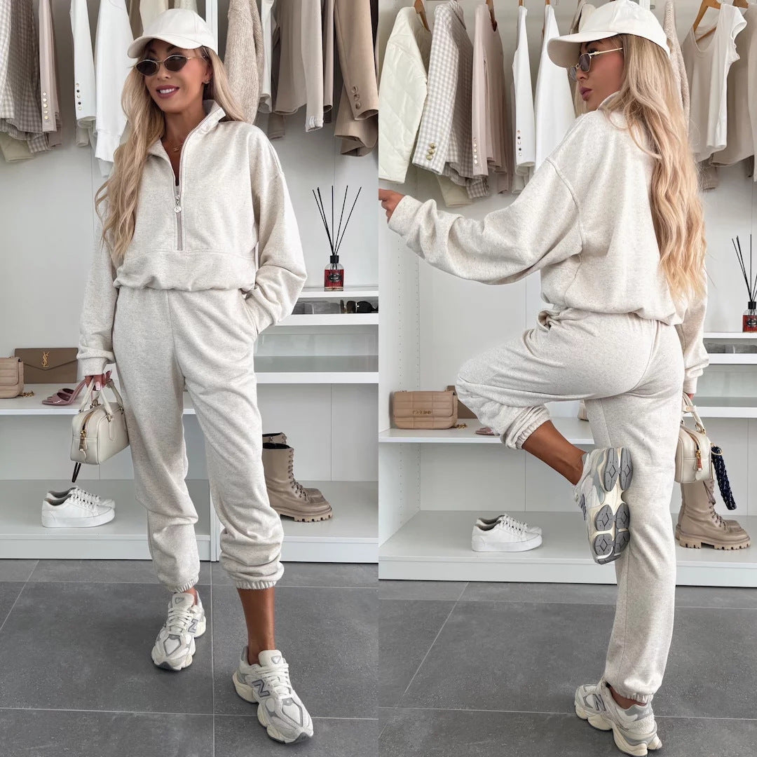 Damen kuscheliger Freizeit-Jogginganzug mit halbem Reißverschluss, Kängurutasche und elastischen Bündchen Drune