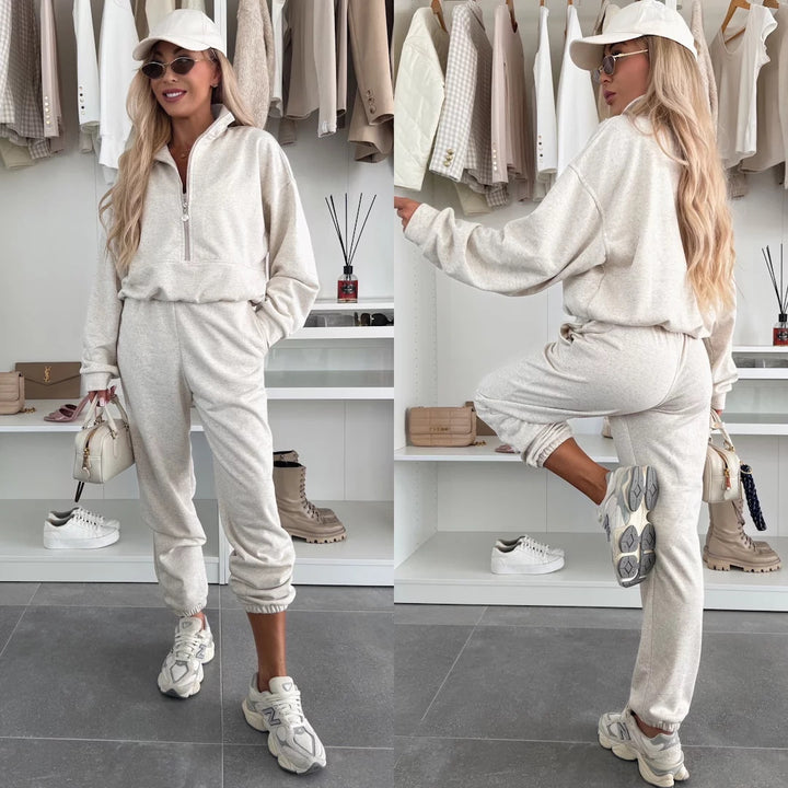 Damen kuscheliger Freizeit-Jogginganzug mit halbem Reißverschluss, Kängurutasche und elastischen Bündchen Drune