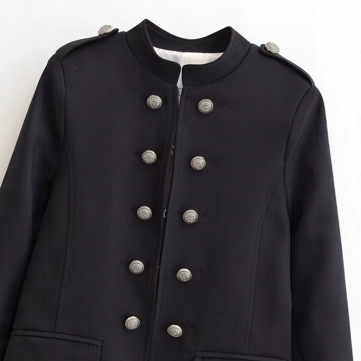 Damen Kurzer Stehkragen-Blazer mit doppelter Zierknopfleiste und Epauletten Drune