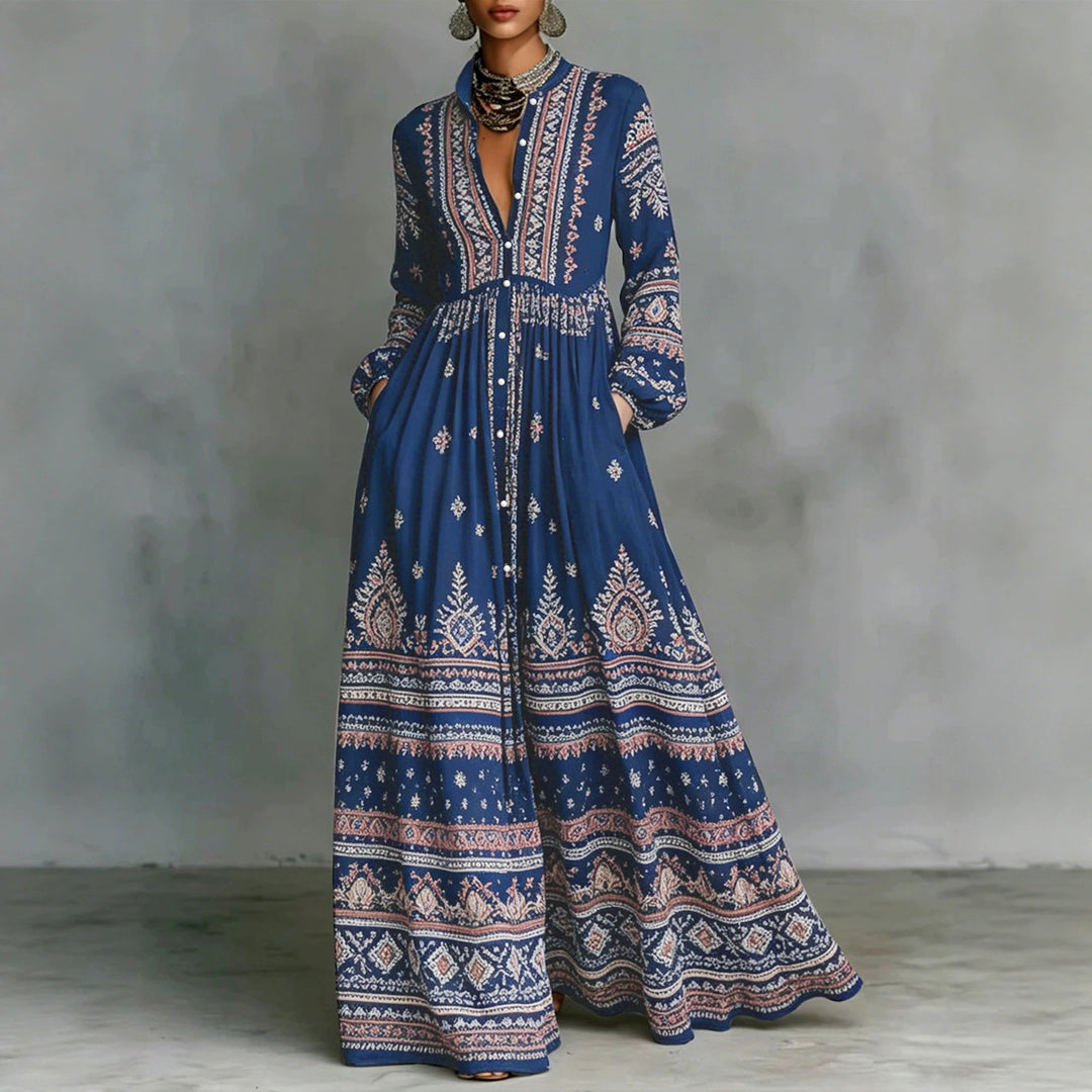 Damen Boho-Maxi-Hemdkleid mit Stickbordüren, hoher Stehkragen und Taschen Drune