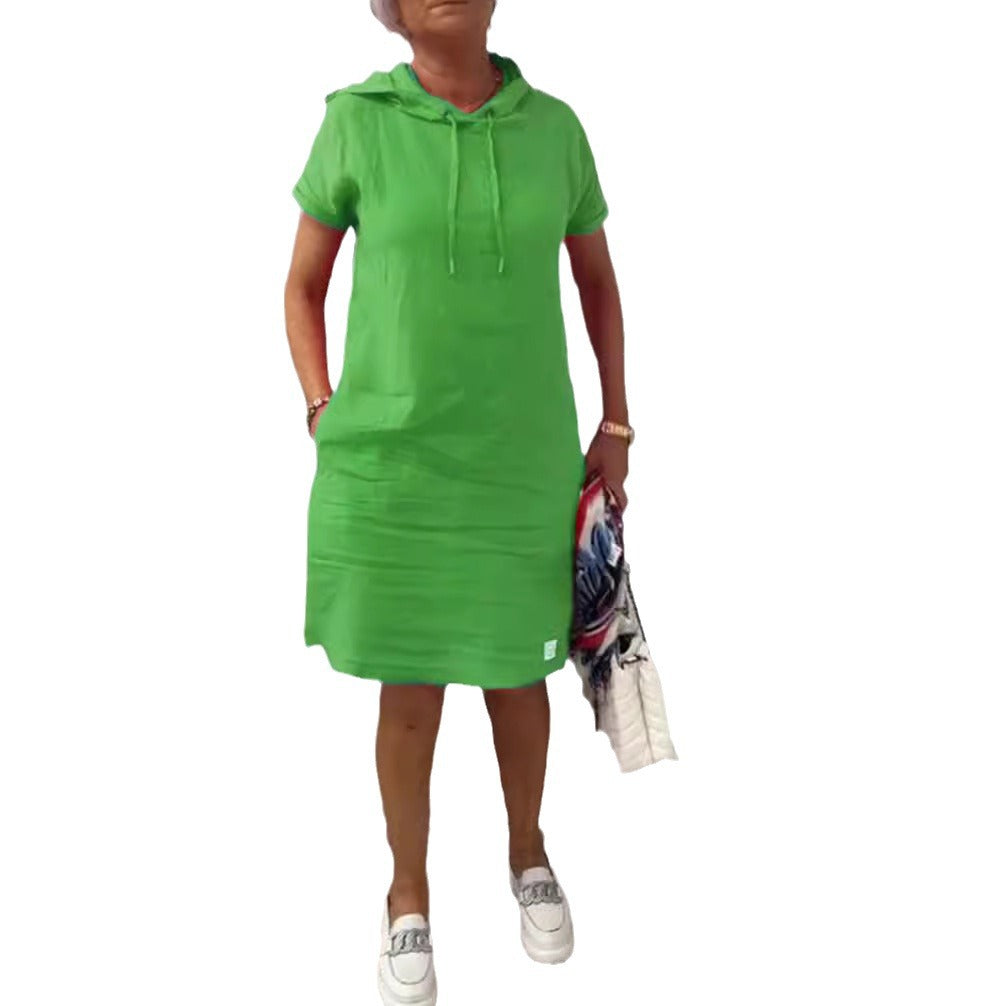 Damen nan legeres Kapuzenkleid mit kurzem Ärmel, geradem Schnitt und Kordelzug Drune