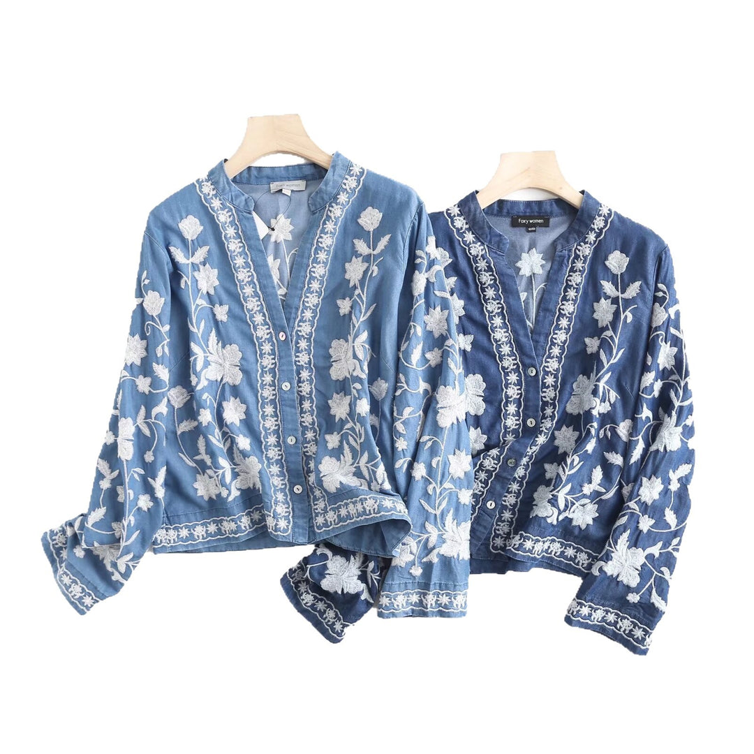 Damen bestickte Bluse im Vintage-Stil mit elegantem Kragen und Druckknopfverschluss Drune