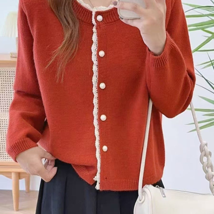 Damen Flauschiger Strickcardigan mit Spitzenverzierung Drune