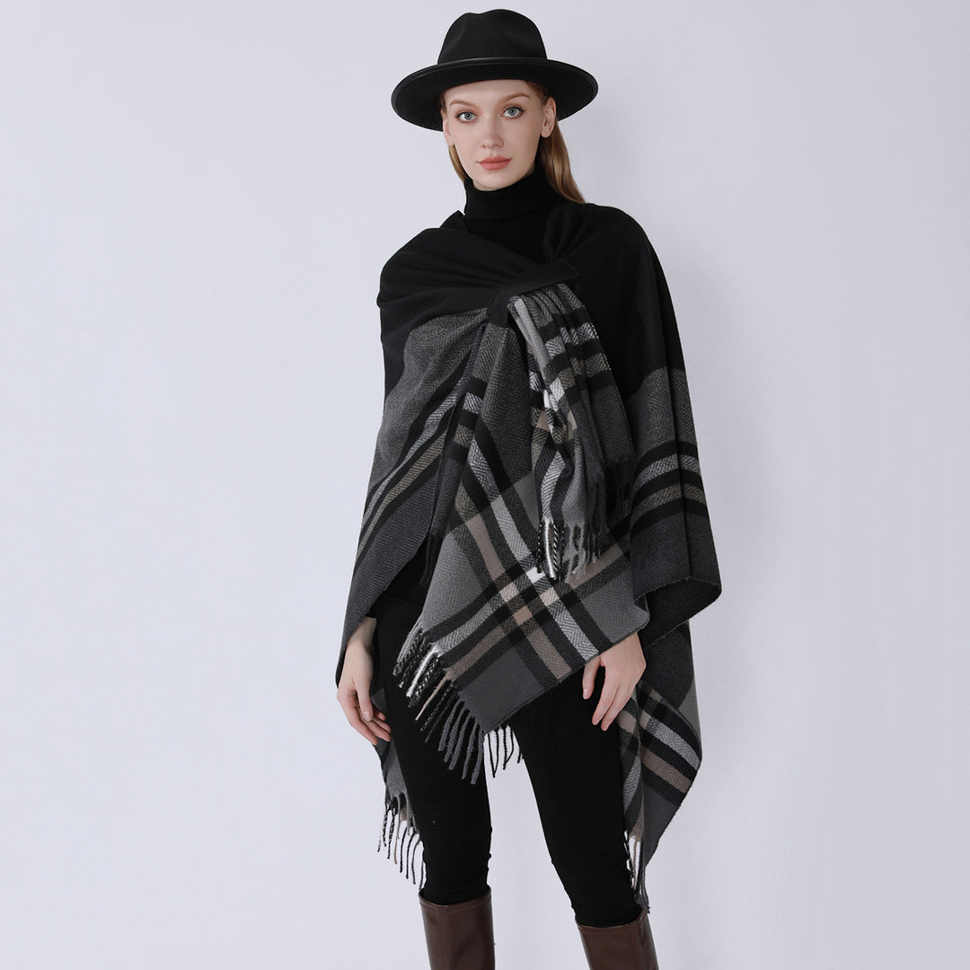 Damen Cape-Umhang aus Wollmix mit Bindegürtel und Karodessin Drune