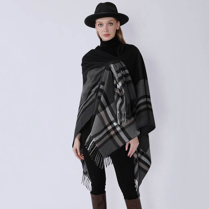 Damen Cape-Umhang aus Wollmix mit Bindegürtel und Karodessin Drune