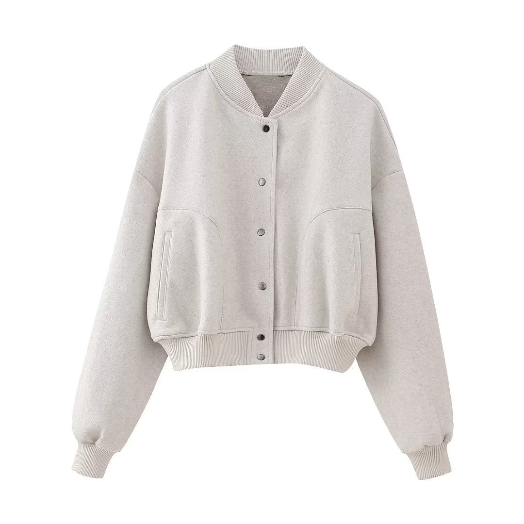 Damen nan kastiges Cropped Blouson aus Sweat mit Raglanärmeln, verdeckter Druckknopfleiste und breitem Rippbund Drune