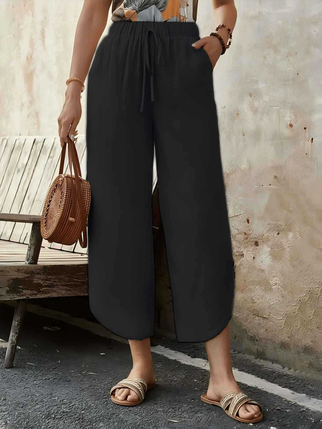Damen luftige Leinenhose mit elastischem Bund und praktischen Taschen Drune