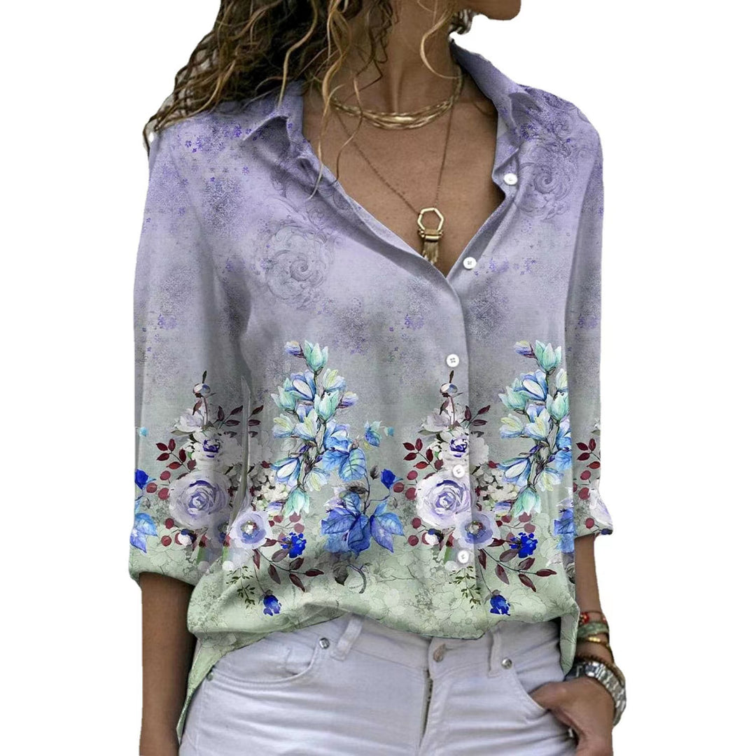 Damen nan florale V-Ausschnitt Knopfbluse mit lockerer Passform und Umschlagärmeln Drune