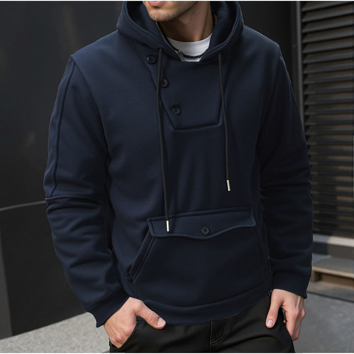 Herren Oversize Baumwoll-Fleece Kapuzenpullover mit asymmetrischer Knopfleiste und aufgesetzter Kängurutasche Drune