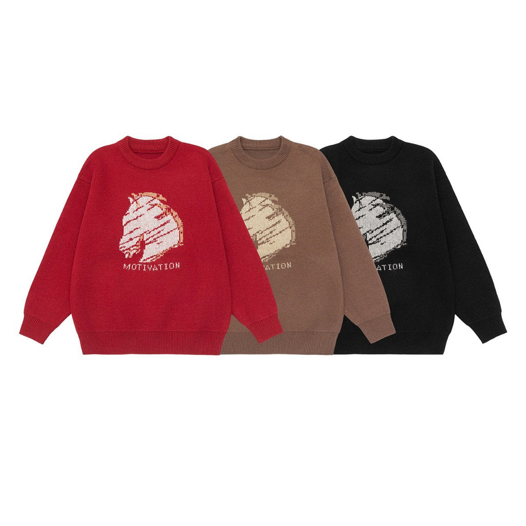 Damen Oversize-Strickpullover mit Intarsienmotiv und Rundhalsausschnitt Drune