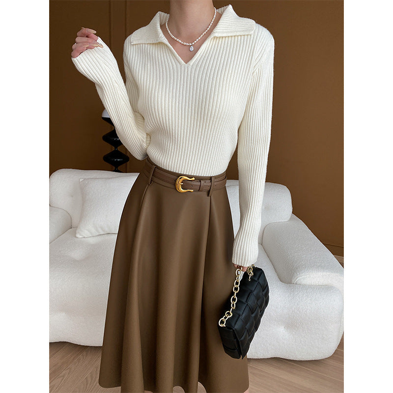 Damen Strickpullover mit modernem V-Ausschnitt und Rippenstruktur Drune