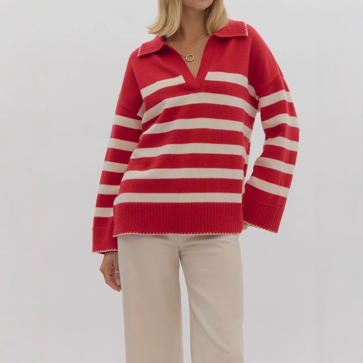 Damen kuschelige Strickpullover mit modernem Streifenmuster und V-Ausschnitt Drune