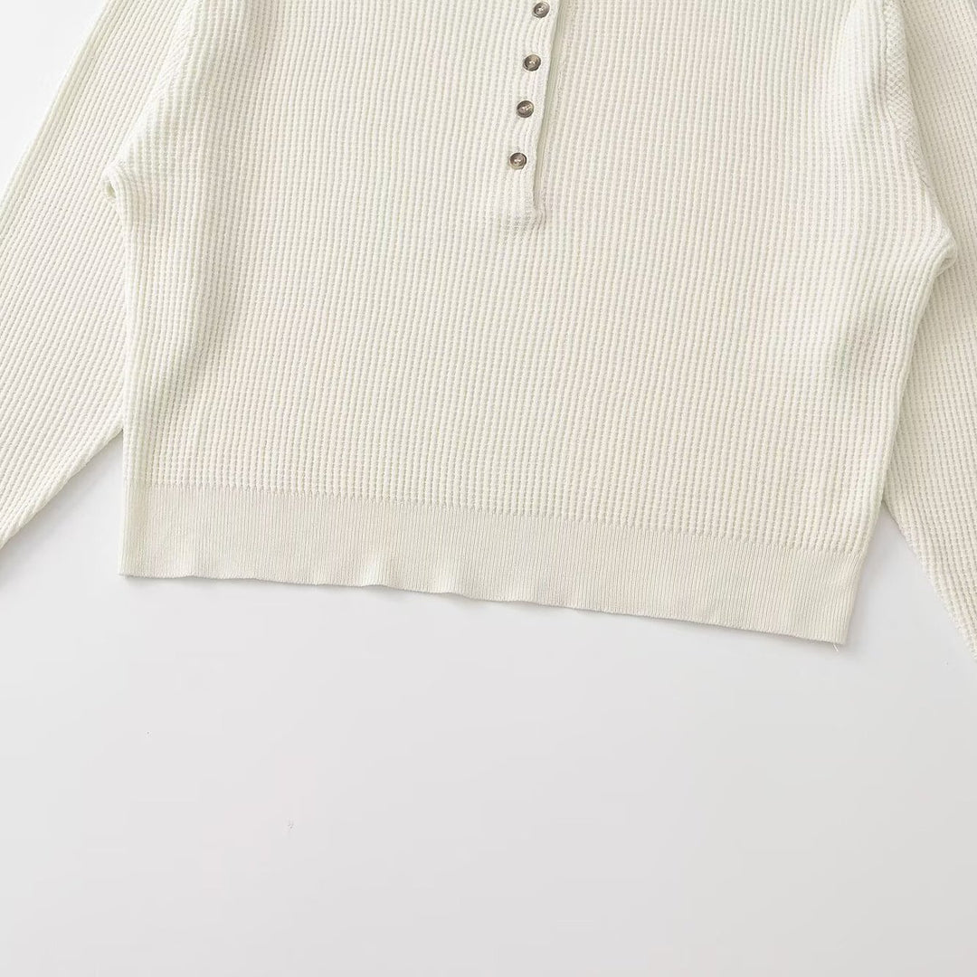 Damen Grobgestrickter Waffelstrick-Pullover mit Henley-Knopfleiste Drune