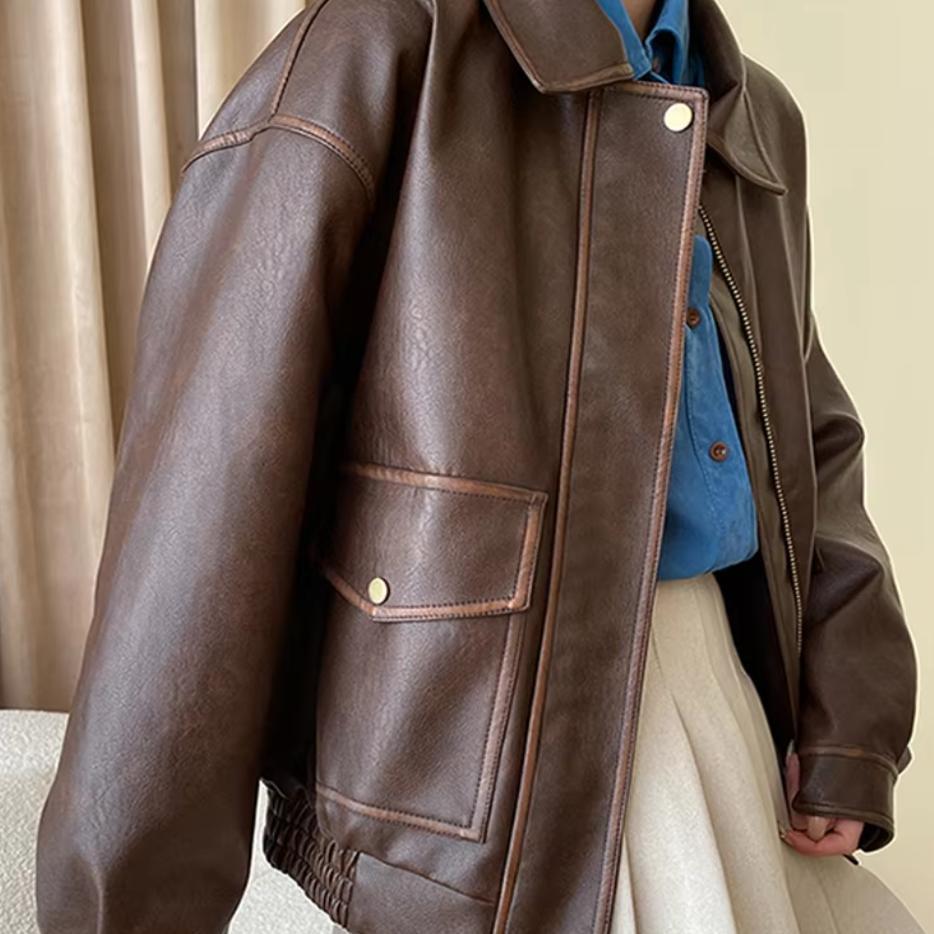 Damen Modische Kunstlederjacke mit praktischen Taschen und lässigem Schnitt Drune