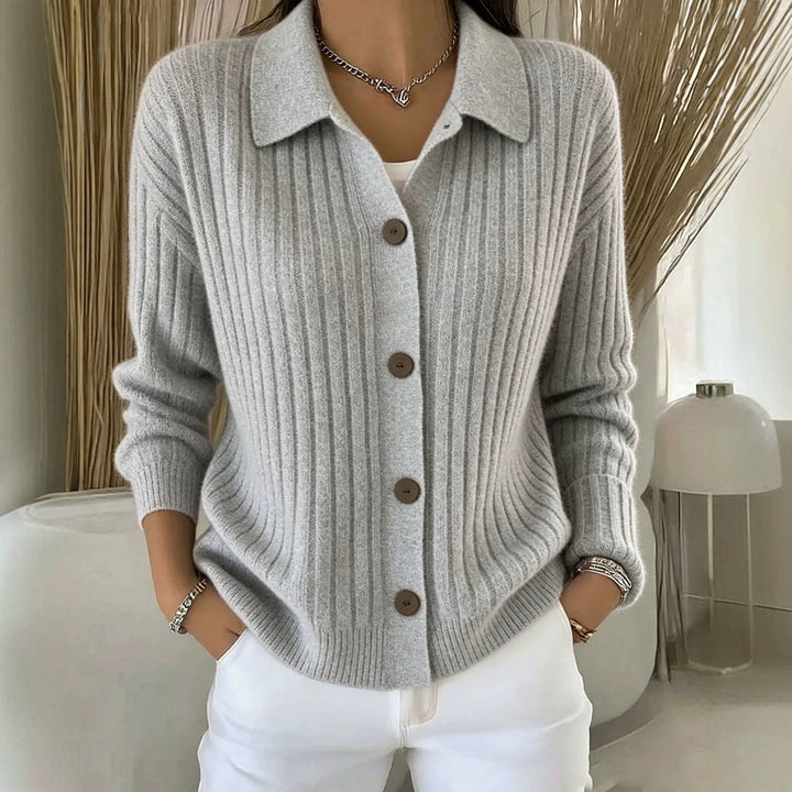 Damen Feiner gerippter Knopf‑Cardigan mit Hemdkragen und kastiger Silhouette Drune