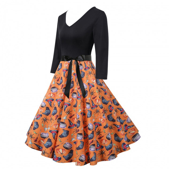 Damen Vintage-inspiriertes Swingkleid mit V-Ausschnitt, Dreiviertelärmeln und voluminösem Tellerrock Drune