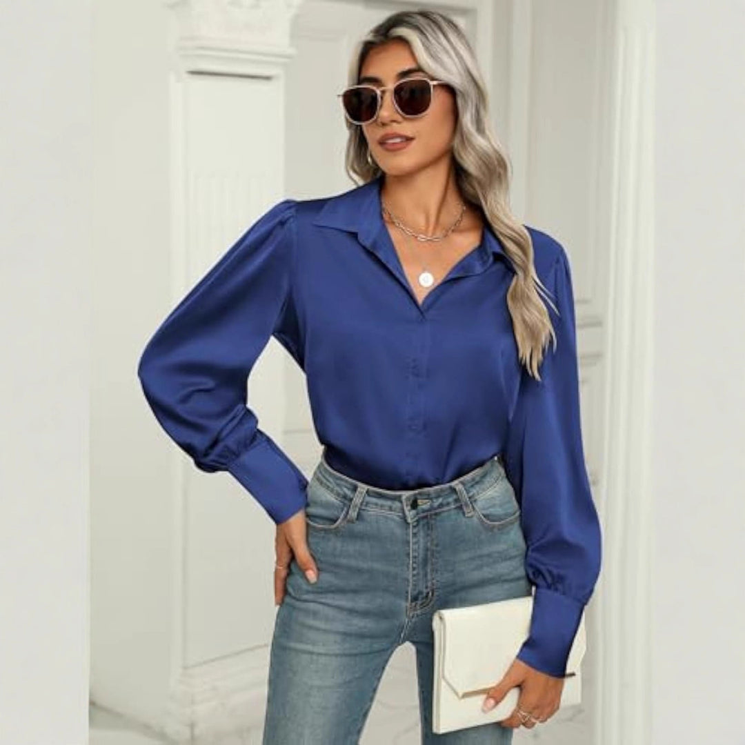 Damen Seidenoptik-Bluse mit Hemdkragen, verdeckter Knopfleiste und langen Manschetten Drune