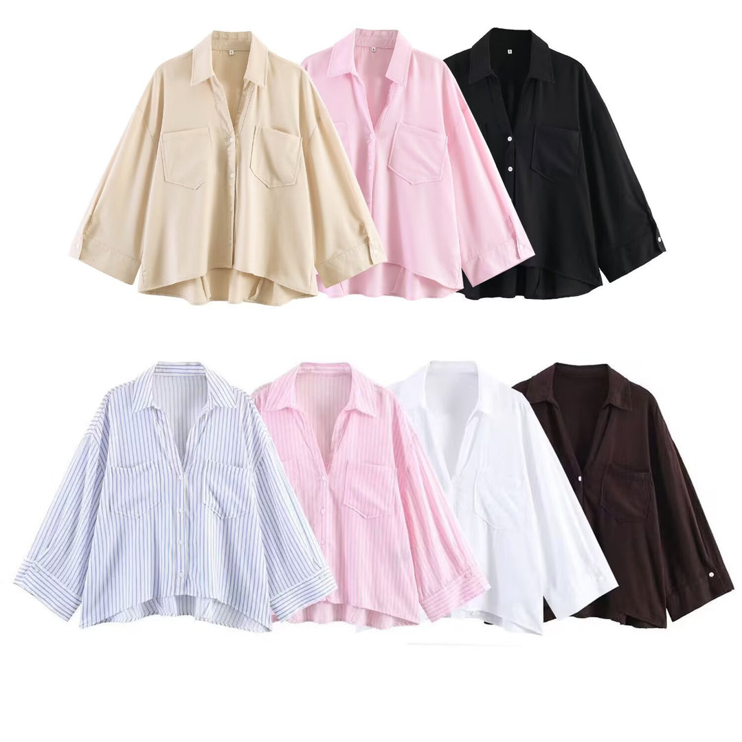 Damen Oversize-Hemdbluse mit großen Brusttaschen, überschnittener Schulter und High‑Low‑Saum Drune