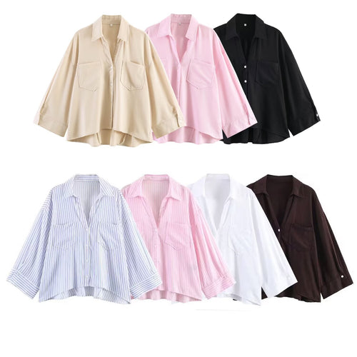 Damen Oversize-Hemdbluse mit großen Brusttaschen, überschnittener Schulter und High‑Low‑Saum Drune