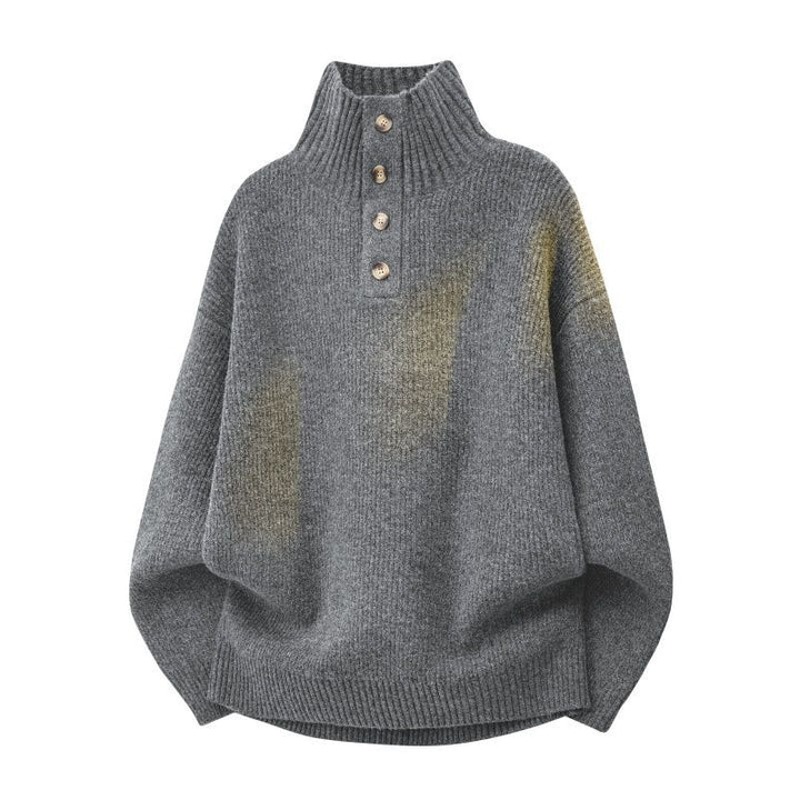 Damen Oversize Grobstrick-Pullover mit Knopfleiste am Stehkragen und Raglanärmeln Drune
