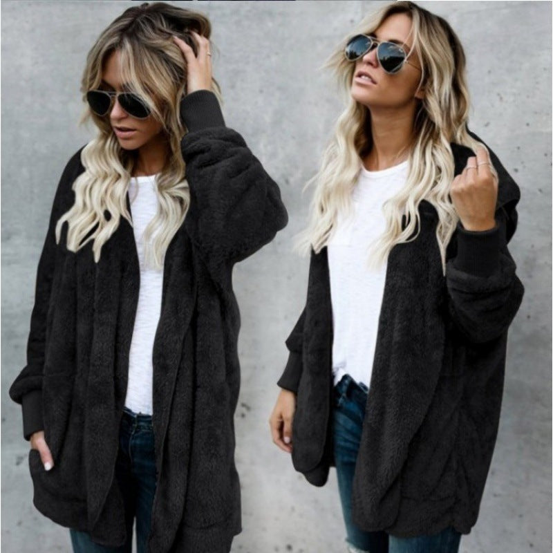 Damen Kuschelige Teddy‑Fleece‑Cardigan mit Kapuze, Oversize‑Schnitt und aufgesetzten Taschen Drune