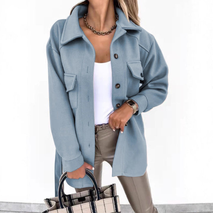 Damen Modische Overshirt-Jacke mit aufgesetzten Taschen und Knopfverschluss Drune