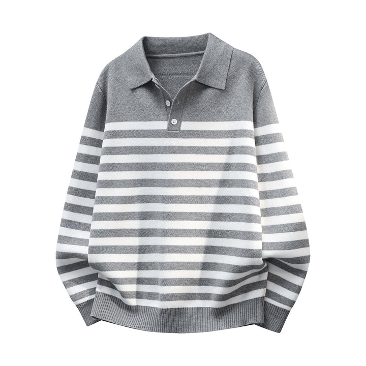 Herren Gestreifter Oversize Polo Strickpullover mit Halbknopfblende und gerippten Abschlüssen Drune
