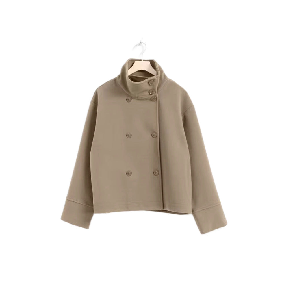 Damen Modische Cropped Jacke mit hohem Kragen und doppelter Knopfleiste Drune
