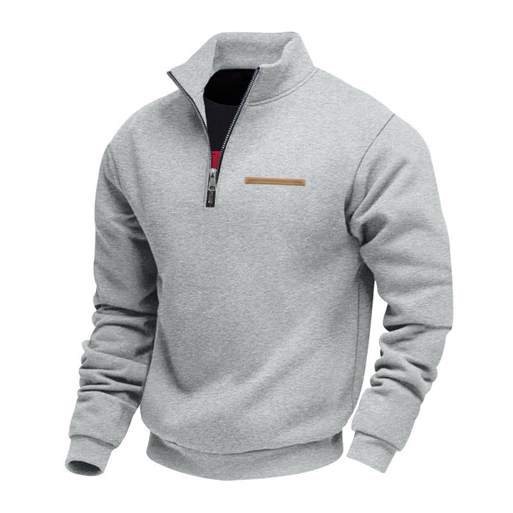 Herren nan Sweatshirt mit halbem Reißverschluss, Stehkragen und Brust-Welttasche Drune