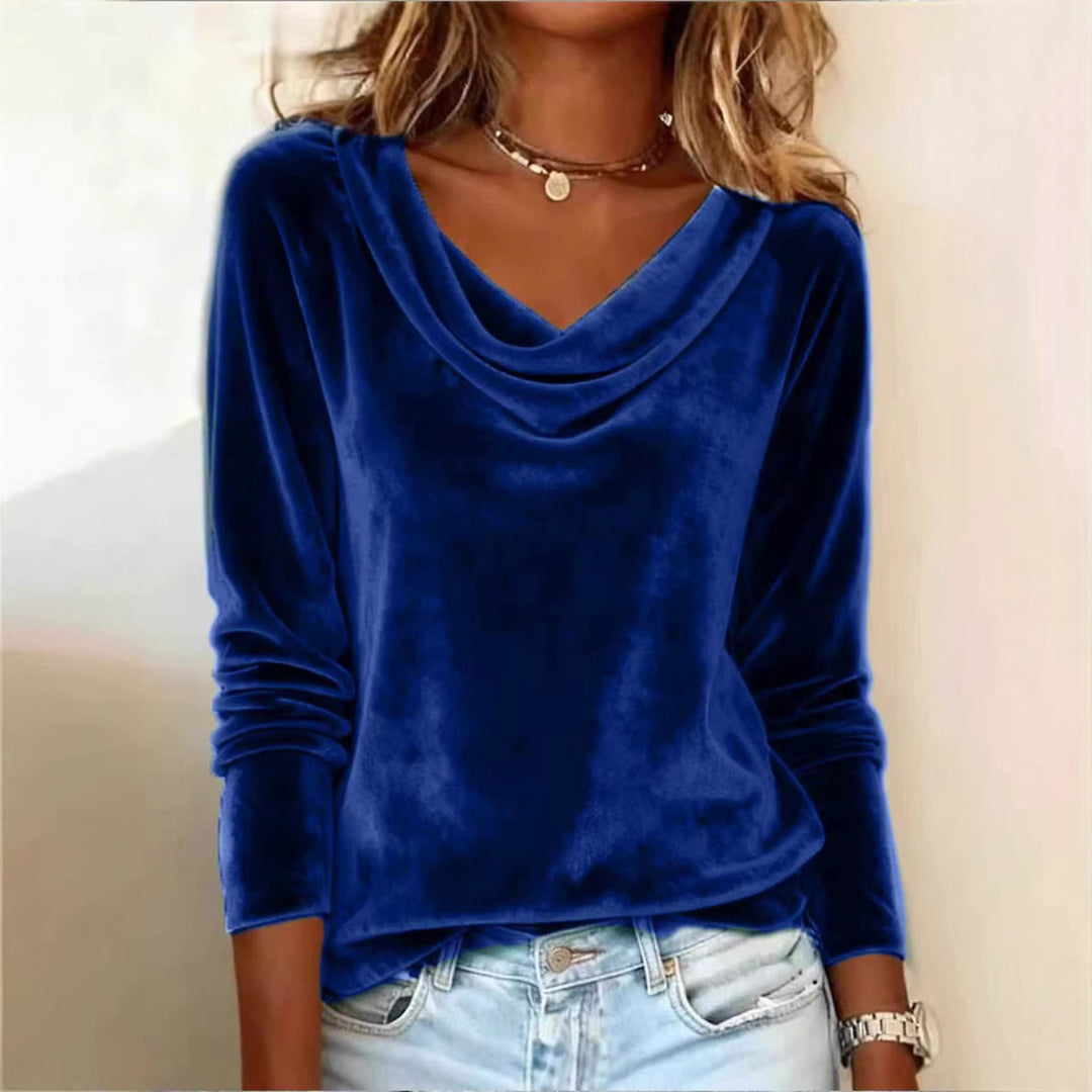 Damen Samt-Longsleeve mit Wasserfallkragen und legerem Schnitt Drune
