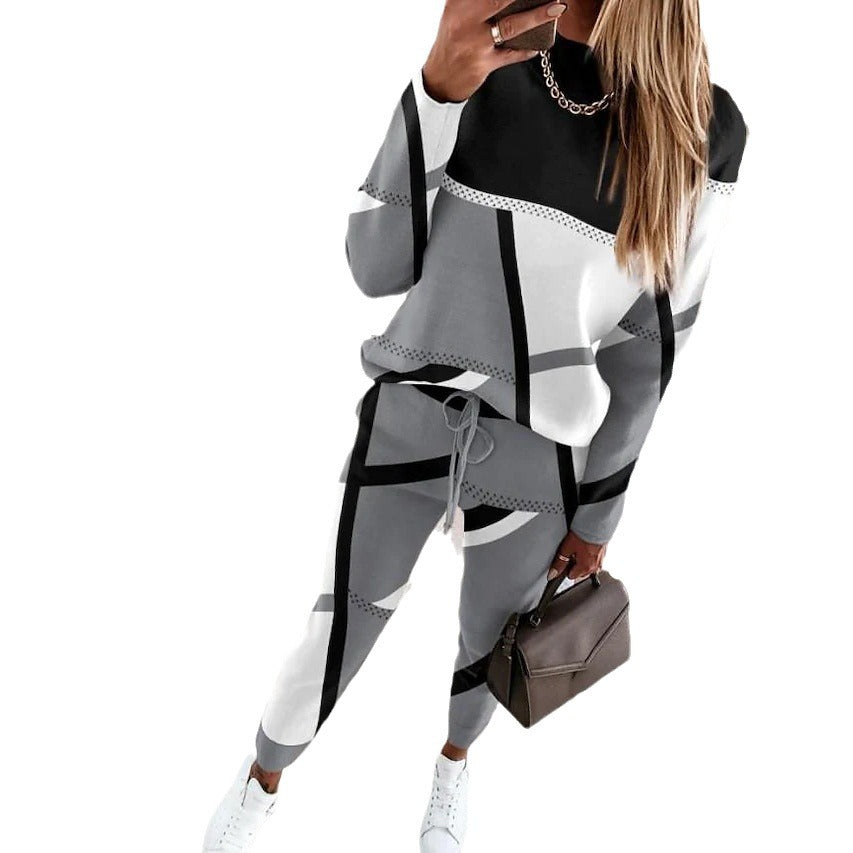 Damen modisches Sportset mit grafischem Muster und elastischem Bund Drune