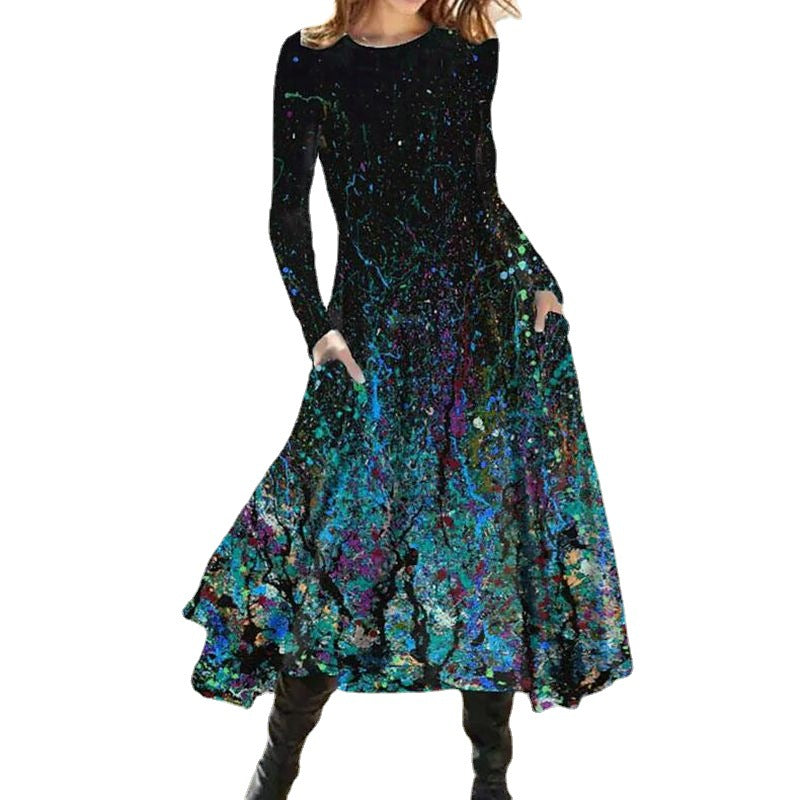 Damen nan A-Linien-Midikleid mit abstraktem Spritzmuster, Rundhalsausschnitt, langen Ärmeln und Eingrifftaschen Drune
