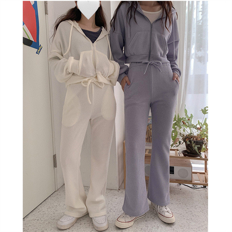 Damen lässiges Loungewear-Set mit Cropped-Hoodie und weitem Bein Drune