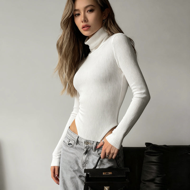 Damen figurbetonter Langarm-Bodysuit mit hohem Kragen Drune