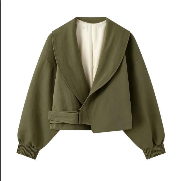 Damen 40+ Cropped Wickelblouson mit übergroßen Ballonärmeln und asymmetrischem Schnallenverschluss Drune