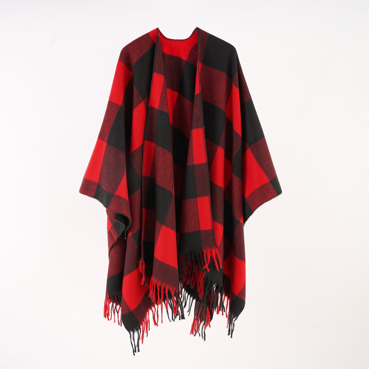 Damen Rechteckponcho im Ruana‑Stil aus Wollmix mit großen Karos und Fransensaum Drune