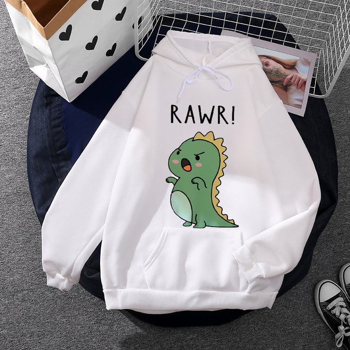 Damen nan Oversize-Kapuzenpullover mit kawaii Dinosaurier-Motiv, gerippten Bündchen und Kängurutasche Drune