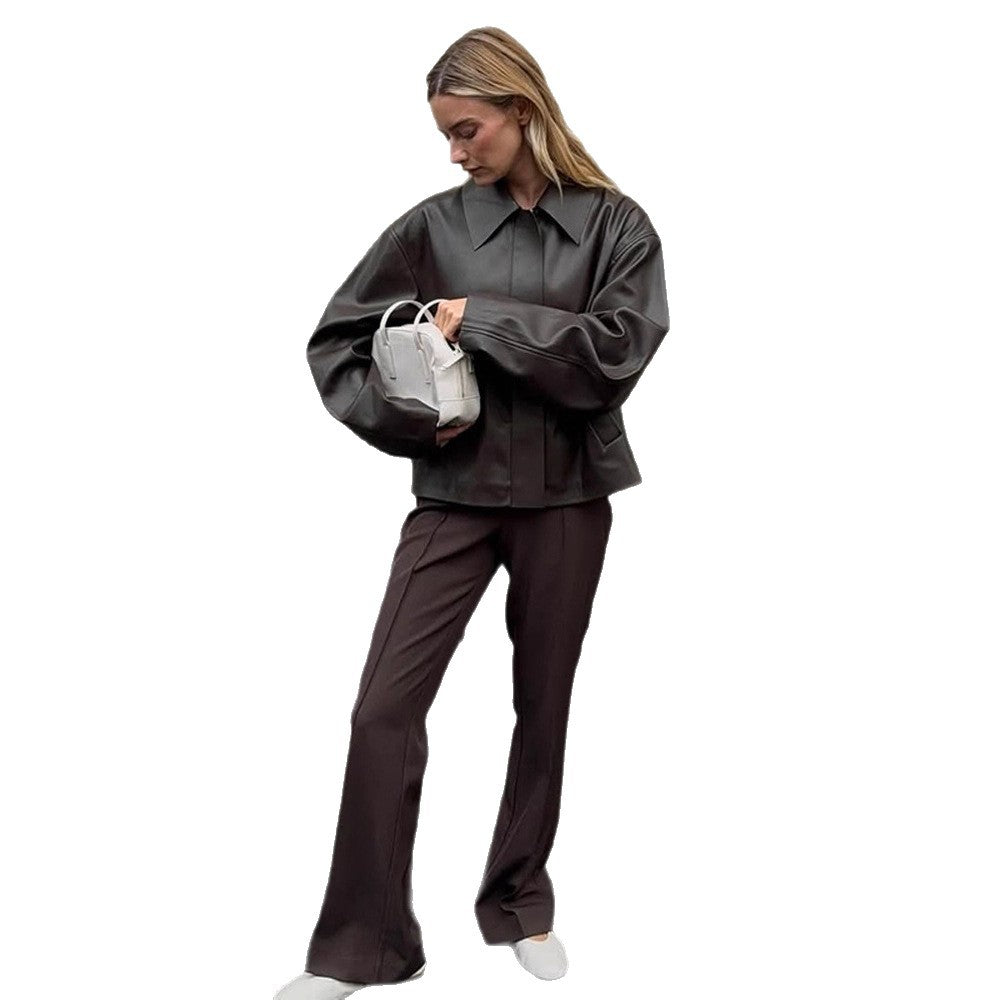 Damen modische Kunstlederjacke mit oversized Design Drune