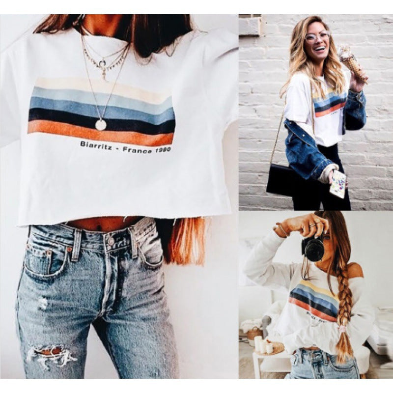 Damen Off-Shoulder Sweatshirt mit Retro-Bandprint und lockerer Cropped-Passform Drune