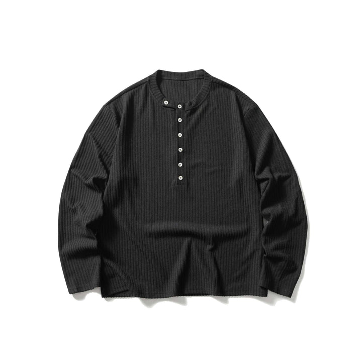 Unisex Gerippter Henley-Pullover mit Rundhals und durchgehender Knopfleiste Drune