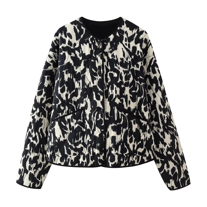 Damen nan gesteppte Kurzjacke mit abstraktem Strukturprint, leichter Thermofüllung und kontrastierender Paspel Drune