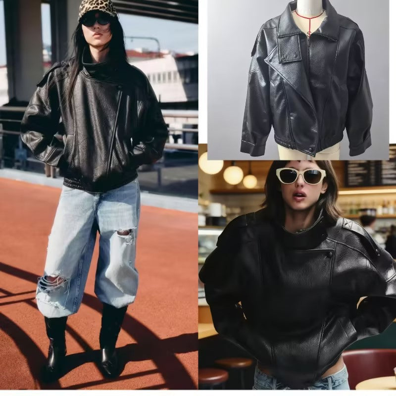 Damen Oversized Kunstleder-Bikerjacke mit asymmetrischem Revers, Stehkragen und Taillenzug Drune